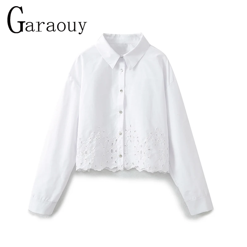 Garaouy White Hole Lapel Shirt For Women Spring Chic Long Sleeve Loose Top Female Casual Crop Blouse High Street Outwear