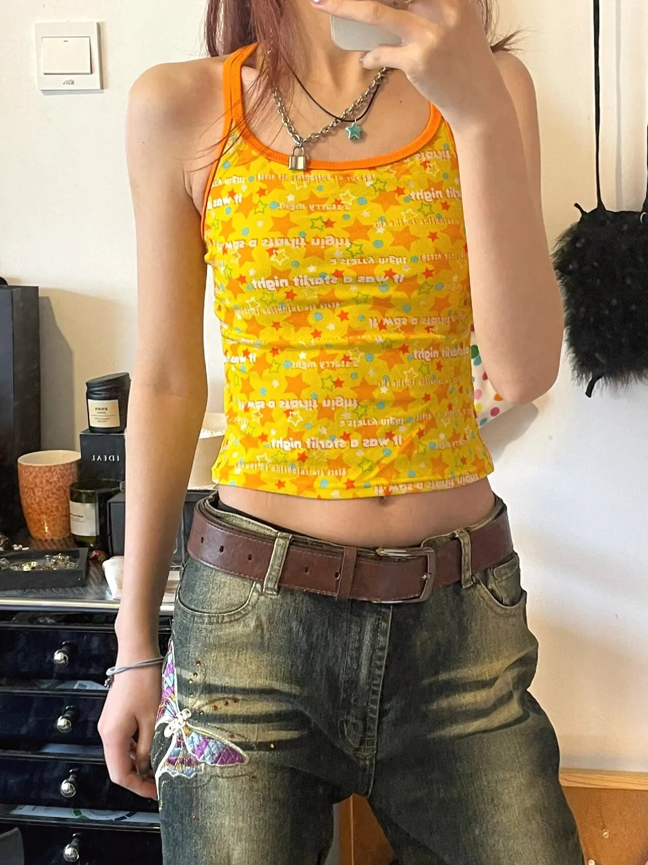 Genayooa Korean Style Tank Tops Women Sleeveless Yellow Print Halter Tops Y2k Vintage Tops Fairycore Streetwear Out Wear Camis