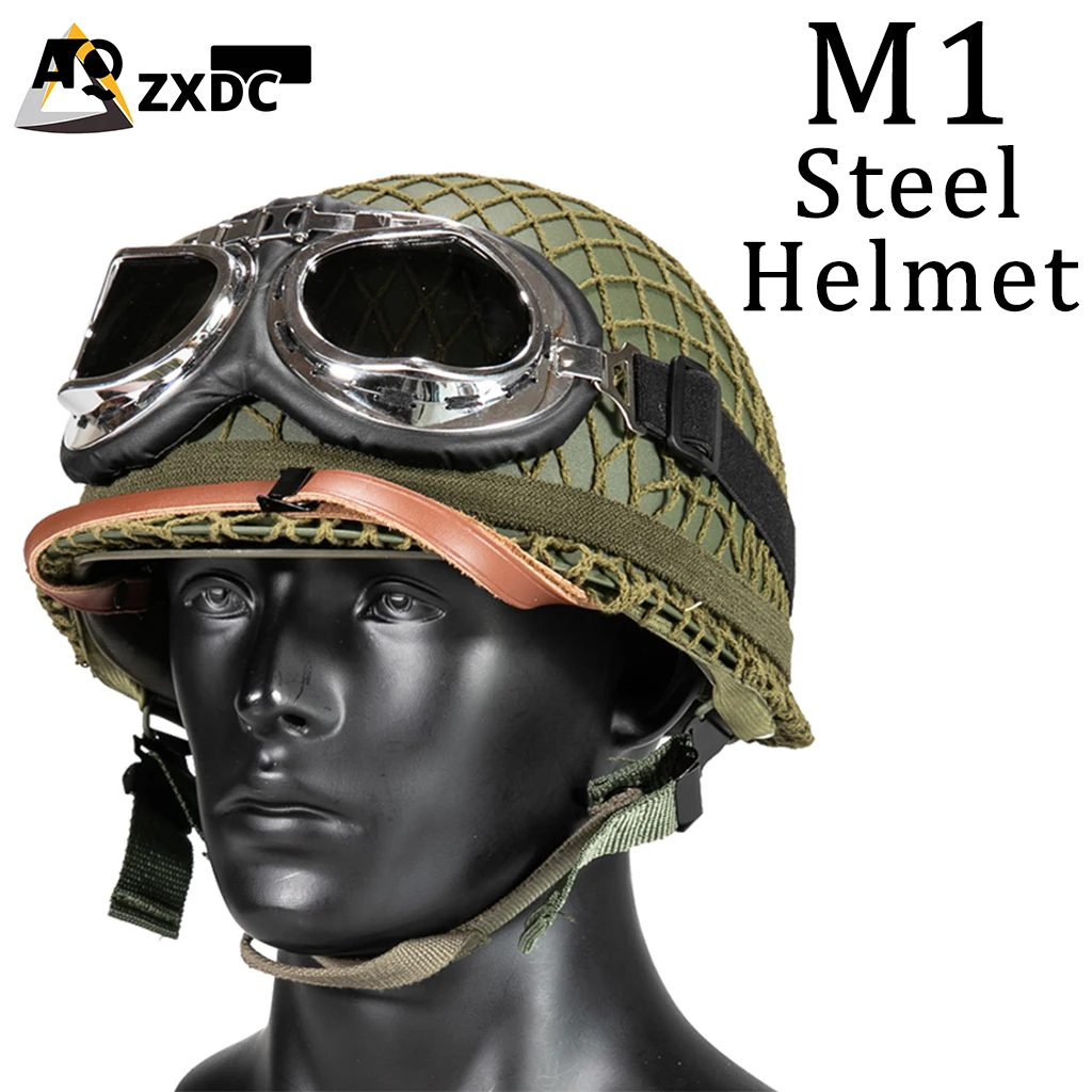 M1 tactical double-layer steel helmet with helmet mesh,  Folding windproof glasses, luminous cat-eye strap