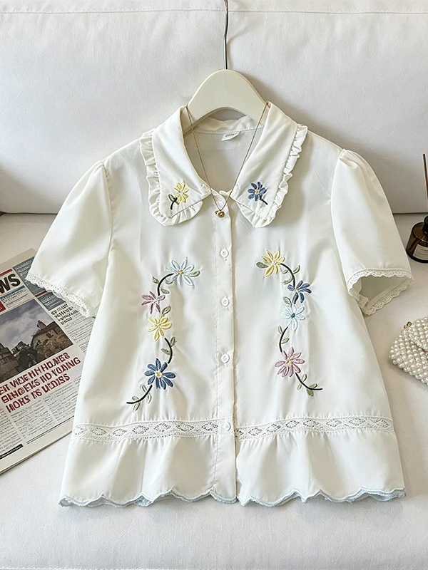 

Summer New Style Large Size Women's Retro Embroidered Doll Collar Shirt Versatile Slimming Top Korean Style Breathable Skin-F...