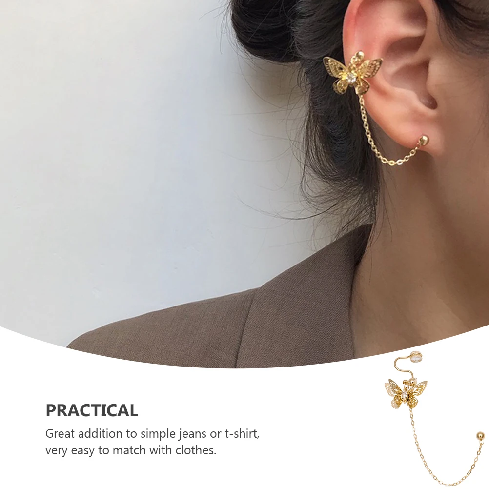 

Women Metal Butterfly Ear Clip Earrings All-match Decor Golden Alloy Chain Jewelry
