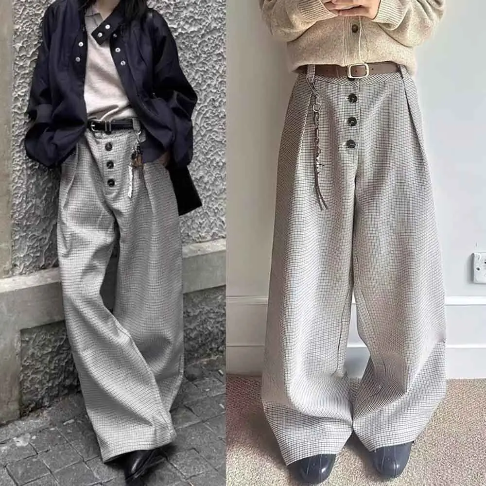 冬の新作メンズ千鳥格子ストレートスーツパンツアメリカンレトロファッショントレンドハイストリートカジュアルルーズニッチメンズボトムス