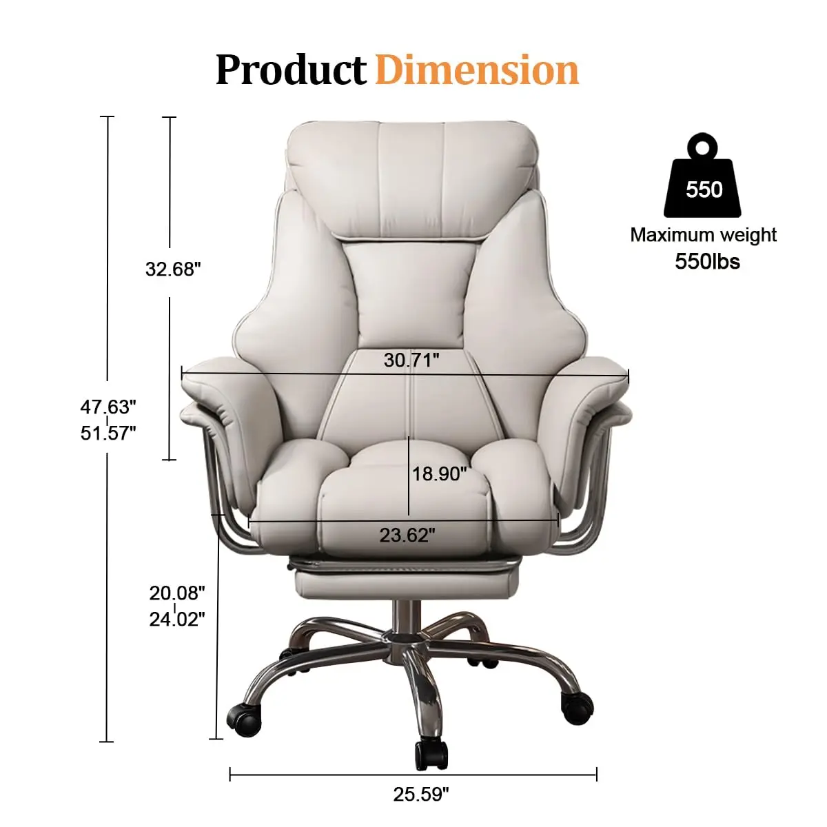 Big and Tall Office Chair 550 lbs Extra Wide Leather Executive Chair with Retractable Footrest, Heavy-Duty Ergonomic Chair, Adju