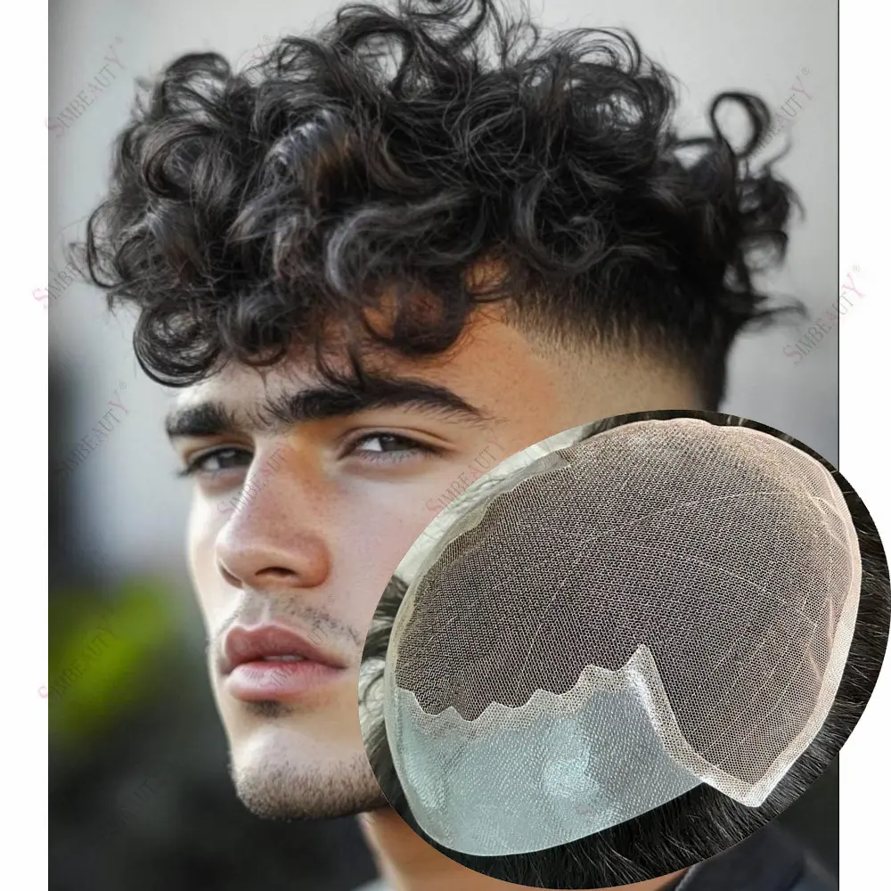 

20 мм/24 мм/28 мм вьющиеся Q6 кружевной парик для мужчин, европейские человеческие волосы, кружевная передняя часть, мужская система замены волос, протез из натуральных волос