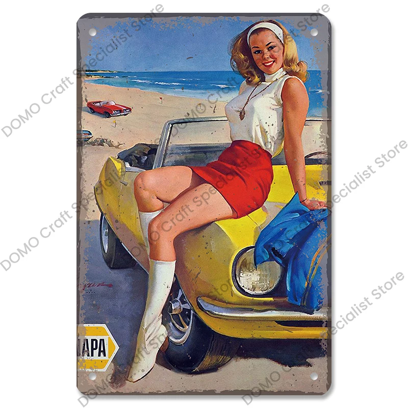 Vintage Car Poster Metal Tin Signs Sexy Girls Classic Car Retro Metal Plate Wall Decor Garage Club Pub Man Cave