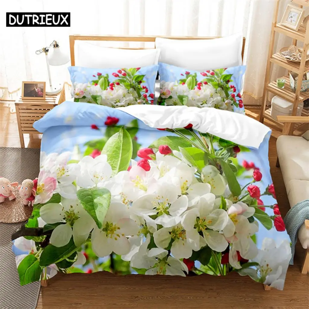 Flowers Green Leaves Queen Bedding Set Duvet Cover Bedroom Bed Set Comforter Cover Set King Size Duvet Cover Set Bedding Sets