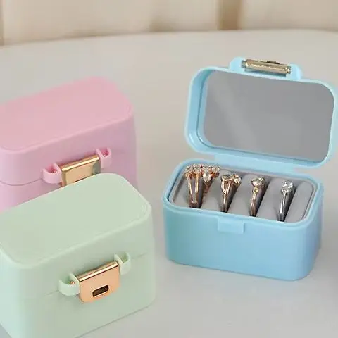 Mini caixa de armazenamento de jóias portátil para mulheres brincos de viagem colar organizador caso com exibição espelho casa anel caso