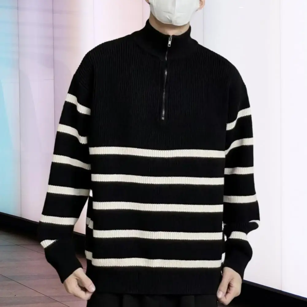 Black White Sweater Men\'s Striped Zipper Stand Collar Sweater Thick Knitted Warm Pullover for Fall Winter Soft Elastic Long