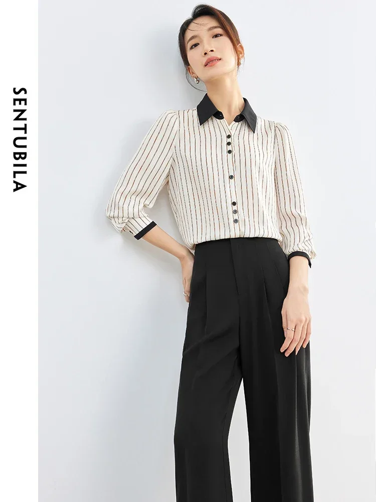 SENTUBILA Two Piece Women Sets Striped Casual Shirt Black Dress Pants 2024 Spring Autumm Commute Business Outfits 141Z53065