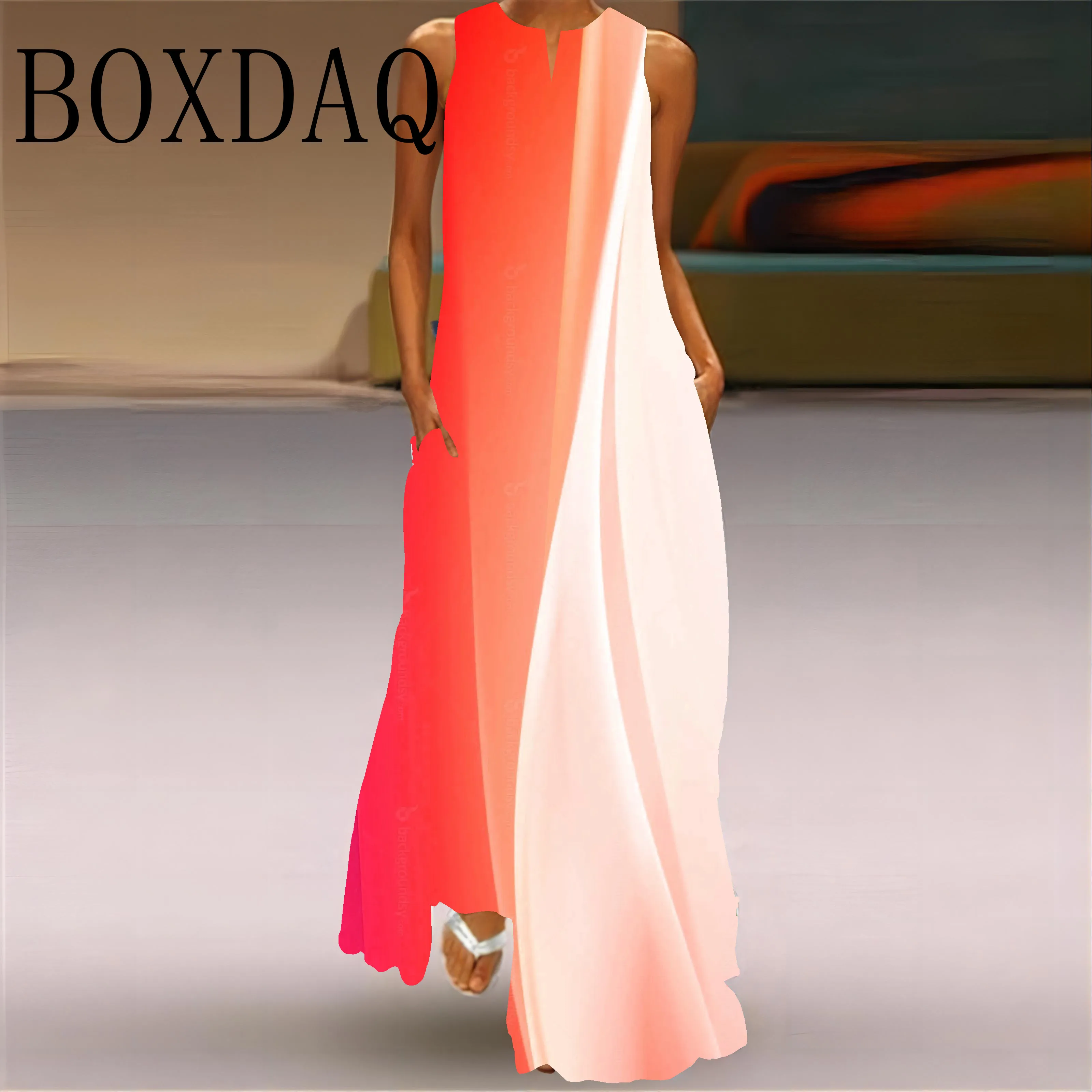 Gradient Print Maxi Dress For Women 2025 New Summer Loose Sleeveless Long Dresses Elegant Fashion Ladies V Neck Pockets Sundress