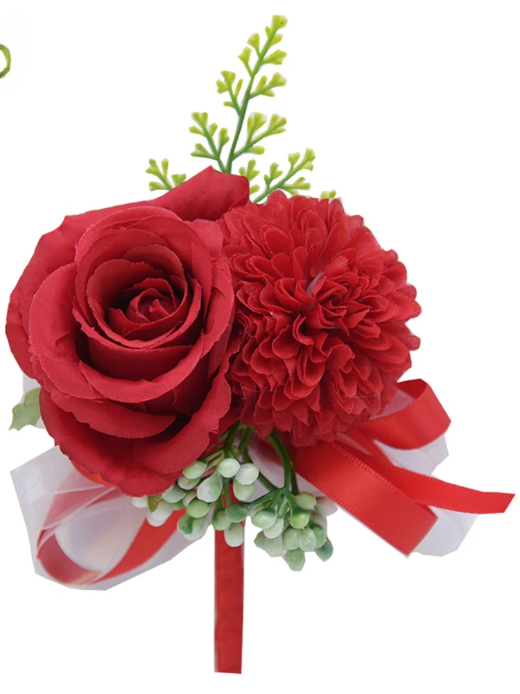 * 5 ألوان زهور المعصم العروس وصيفة الشرف اللؤلؤ شريط حرير ديكور حفلات الزواج على المعصم صدر الورود الاصطناعية تدفق