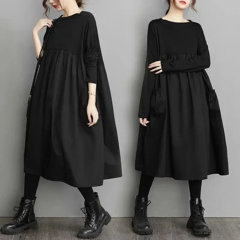 Black Miss Dress Spring Autumn 2022 New Women's Clothing Loose Fat  Female Cover Abdomen High Waist Show Thin Ladies Dress