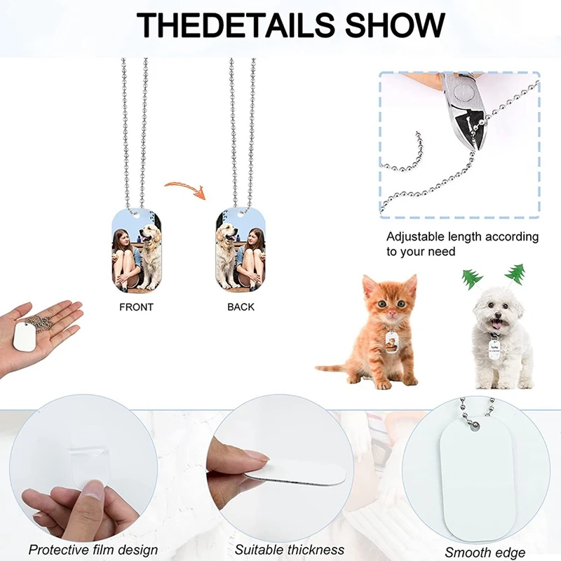 44Pcs Sublimation Stamping Blank Aluminum Dog Tags, With Chain Necklace Chain Key Rings Heat Tape For Pet ID, Pendant