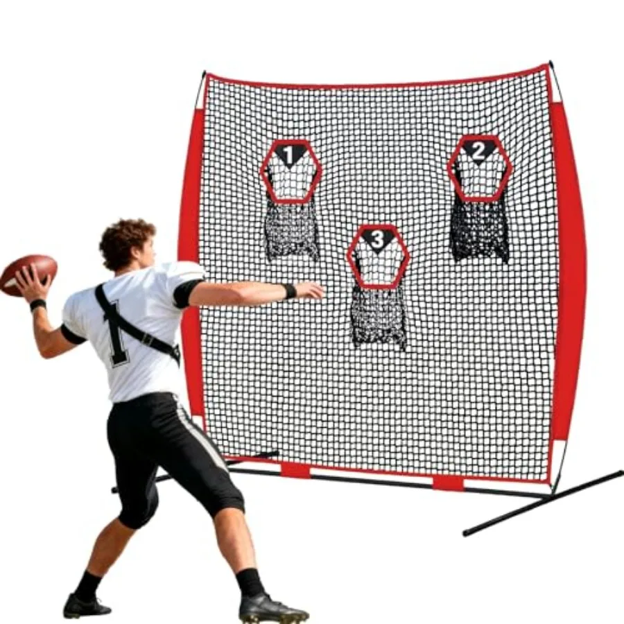 

Football Throwing Net: Practice Accuracy Youth Trainer Quarterback Outdoor Backyard Players with Durable Fiberglass Poles Polye