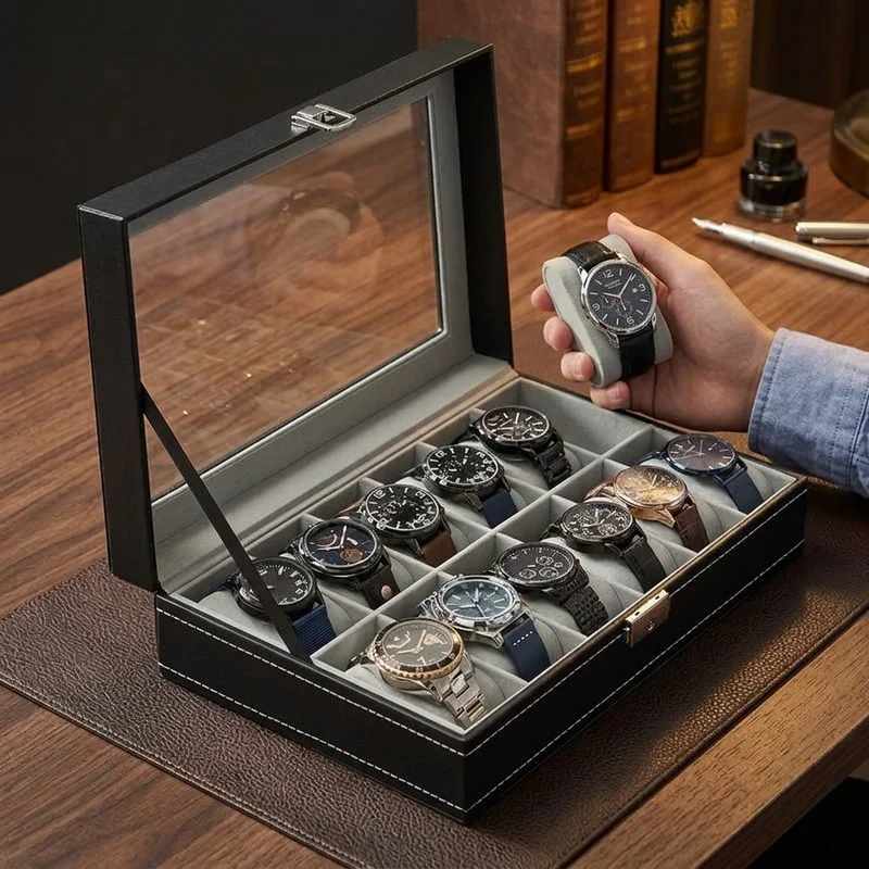 PU Leather Watch Display Box 2-12 Slots, Transparent Glass Top Organizer Case for Men Watches, Jewelry Storage and Gifts