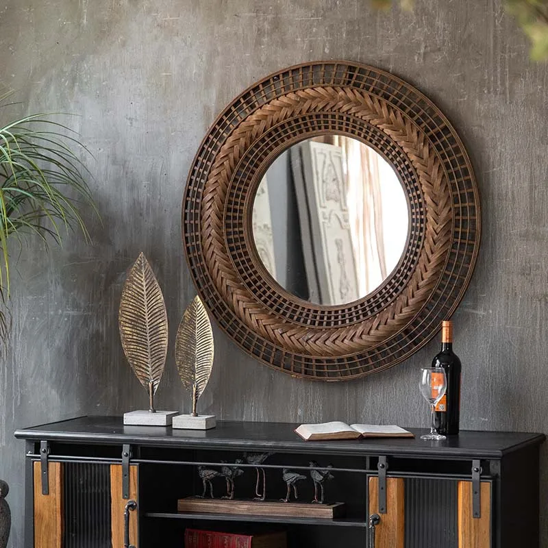 Retro wall round decorative mirror antique nostalgic handmade bamboo bathroom mirror entry porch wall hanging mirror