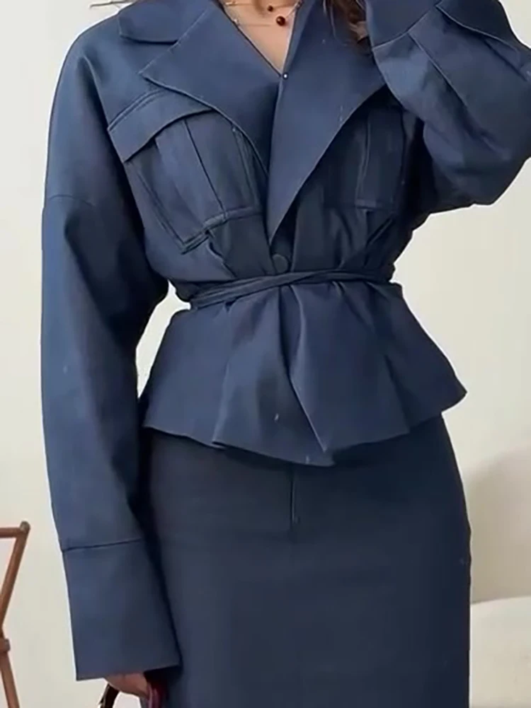 

Осень-зима, однотонный офисный костюм на шнуровке, простой повседневный наряд для вечеринки, женская куртка с воротником с лацканами и длинными рукавами и юбка, комплект из двух предметов