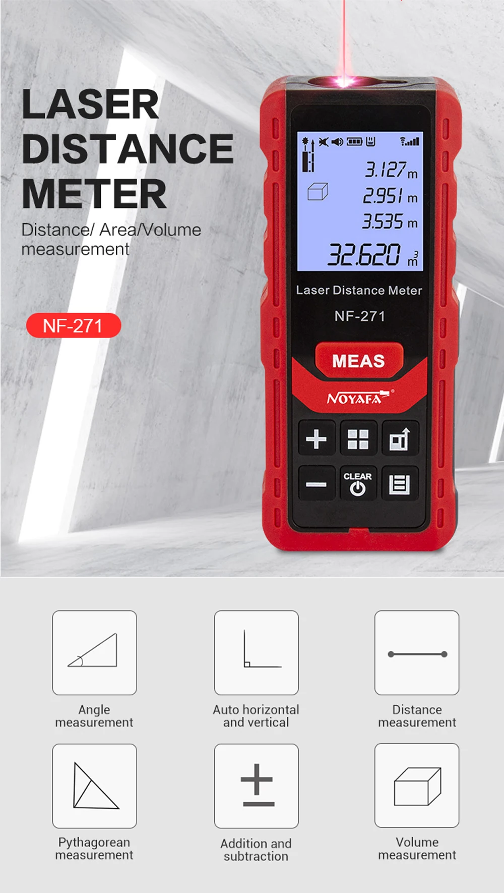 NOYAFA NF-271 High Accurate Roulette Laser Distance Meter Construction Tool Measuring Instrument Digital Distance Ruler 50M/70M