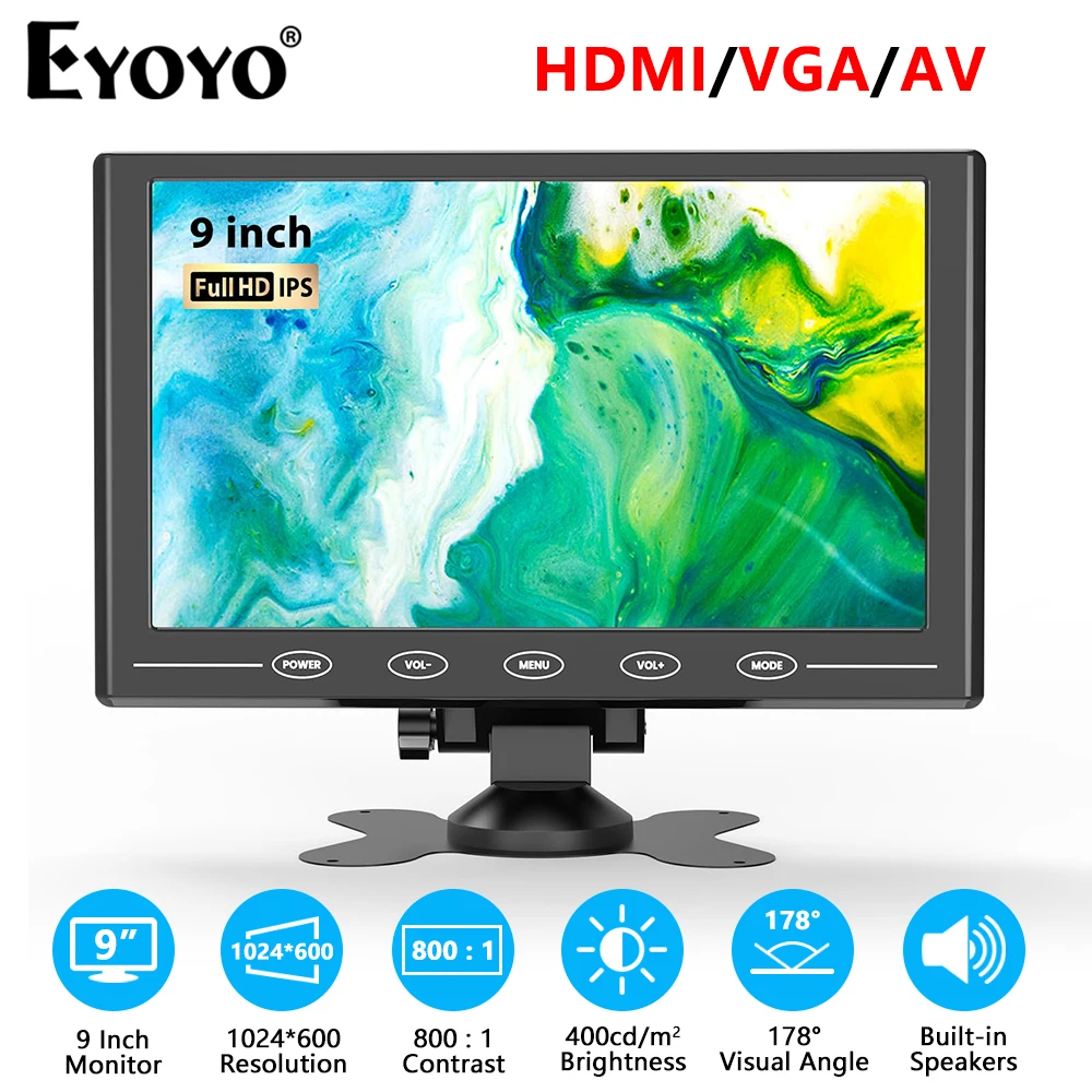 

Eyoyo EM09A 9" Small IPS Monitor 1024x600 Resolution With Remote Control & Speakers, HDMI/VGA/AV Video Input Portable PC Display