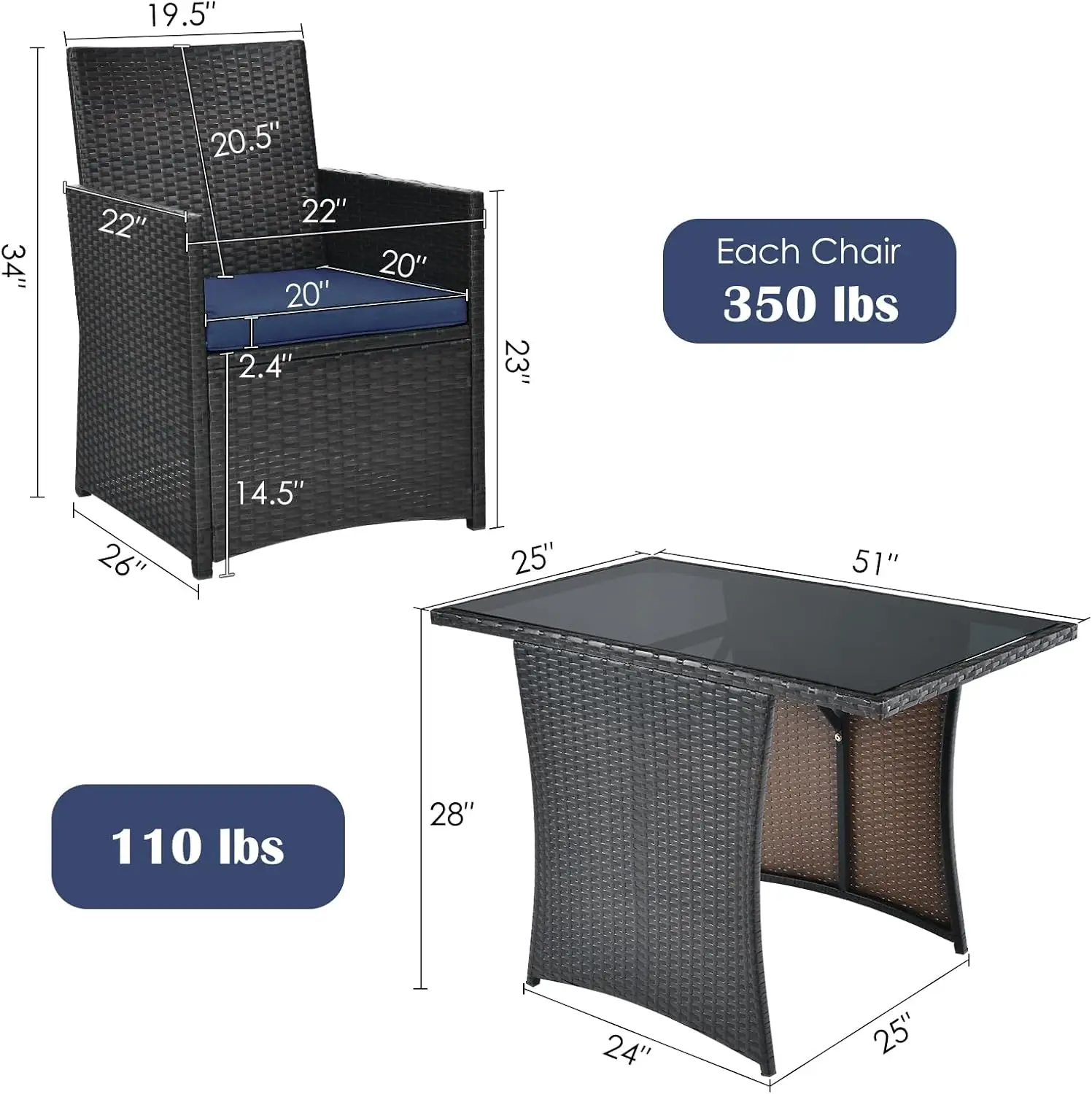 طقم بيسترو روطان خارجي مكون من 3 قطع مع وسائد، سطح زجاجي، كحلي