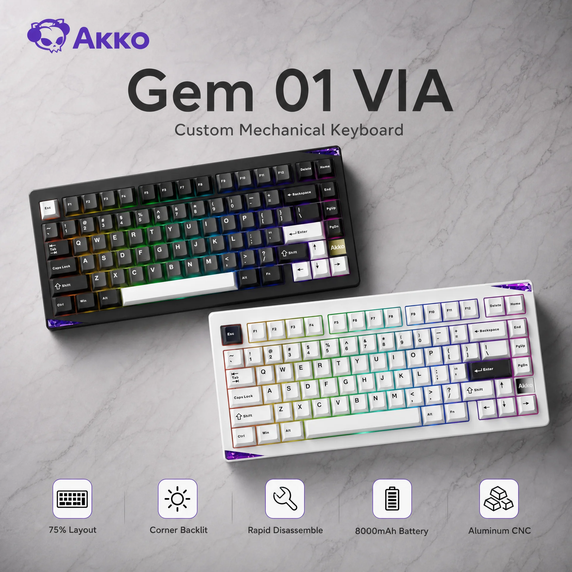 Akko Gem 01 VIA Mechanical Keyboard Support Aluminum CNC 75% Layout RGB Tri-mode Rapid Disassemble Gasket Custom Gaming Keyboard