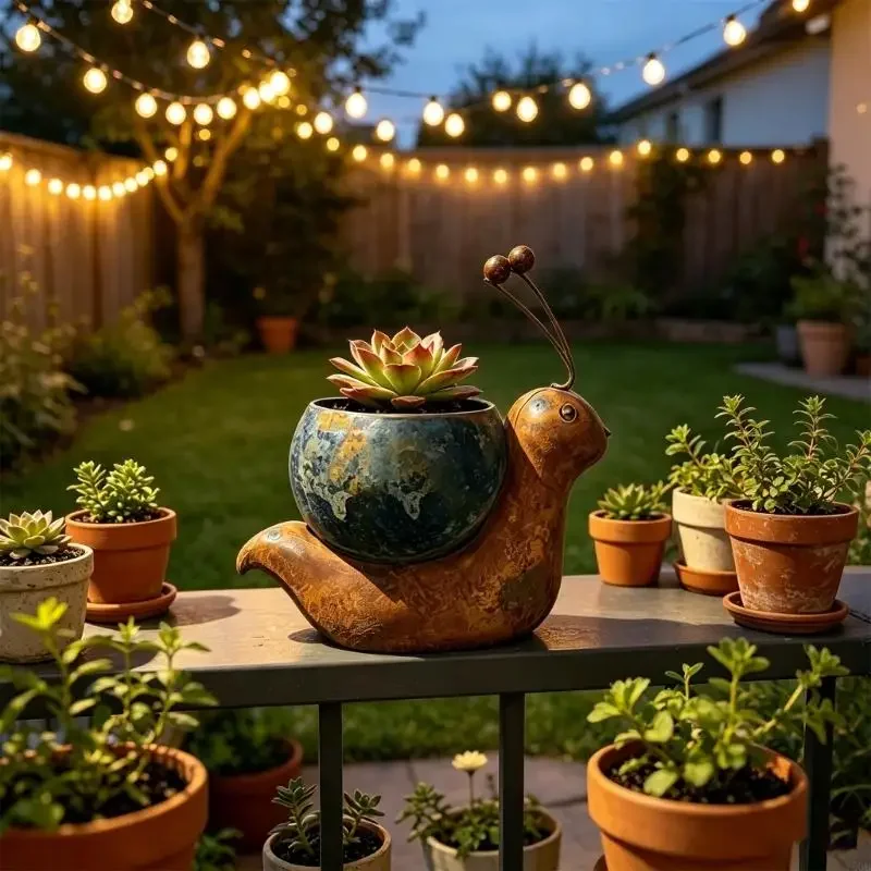 Animal Planter Pot Flowerpot Shell Iron Plant Pot with Drainage Hole, Aged Finish Display Piece for Indoor Outdoor Y5GB