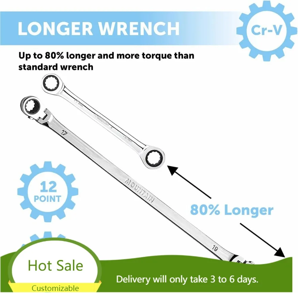 5-Piece Metric Ratcheting Wrench Set with Universal Spline Design, 90-Tooth Mechanism, Flexible Handles