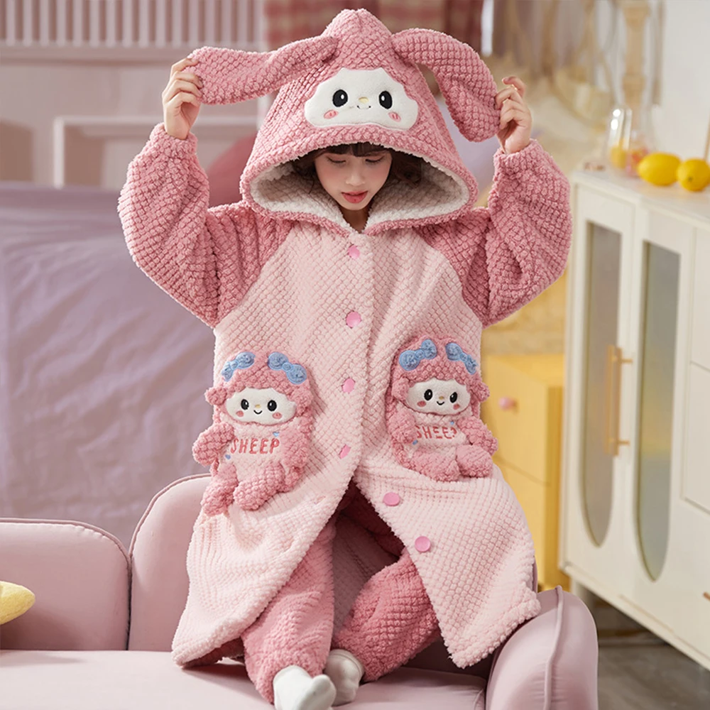 Sanrioed Winter Anime Hello Kitty Children\'s Plush Pajamas Robe Warm Thicken Cartoon Home Wear Cinnamoroll Melody Kawaii Girl