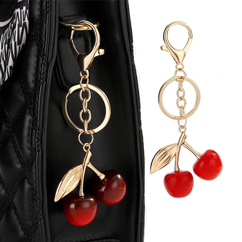 New Cherry Bag Charm Keychain Delicate Crystal Red Cherry Fruit Ladies Handbag Keychain Pendant Accessories Gift