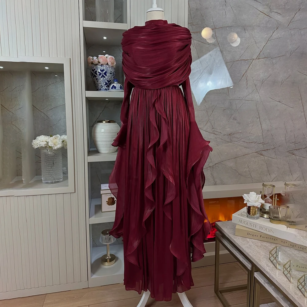 

Custom Made Evening Gown Jersey Tiered Arab Gown Pleated Straight Backless Floor Length Bridal Saudi Dress with Long Puff Sleeve