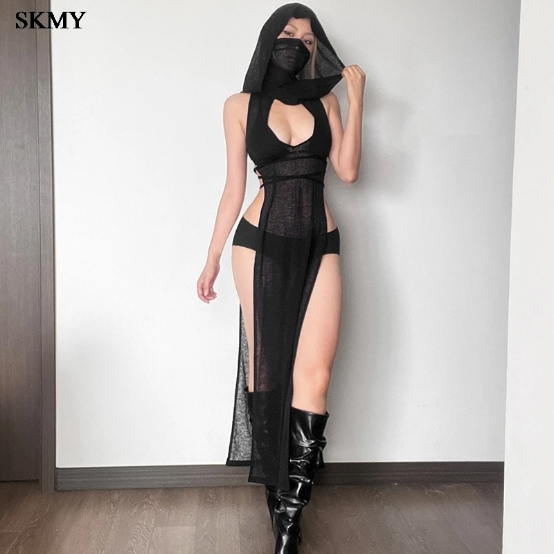 

SKMY Black Hooded Hollow Knitted Sexy Sleeveless See Through Long Dress