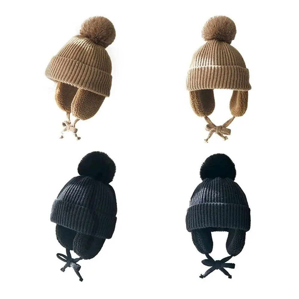 Thick Plush Children Knitted Hat Ear Protection Cartoon Pompom Beanie with Earflap Warm Cute Wool Cap Winter Autumn
