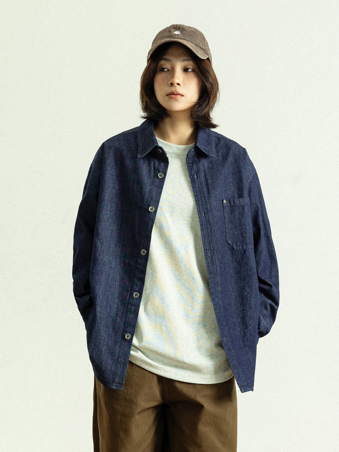 

GoodNorth Retro Blue Denim Shirt Single Button Men Women Loose Fit Long Sleeve Cotton Shoulder Paded Classic Collar Top