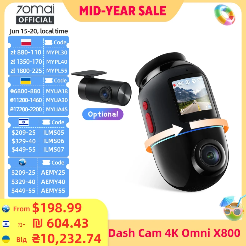 Kamera samochodowa 70mai 4K Omni X800 IMX678 360 °   Supernaprawa Full View 70mai X800 Wbudowany GPS ADAS 24H Monitor parkowania AI Motion