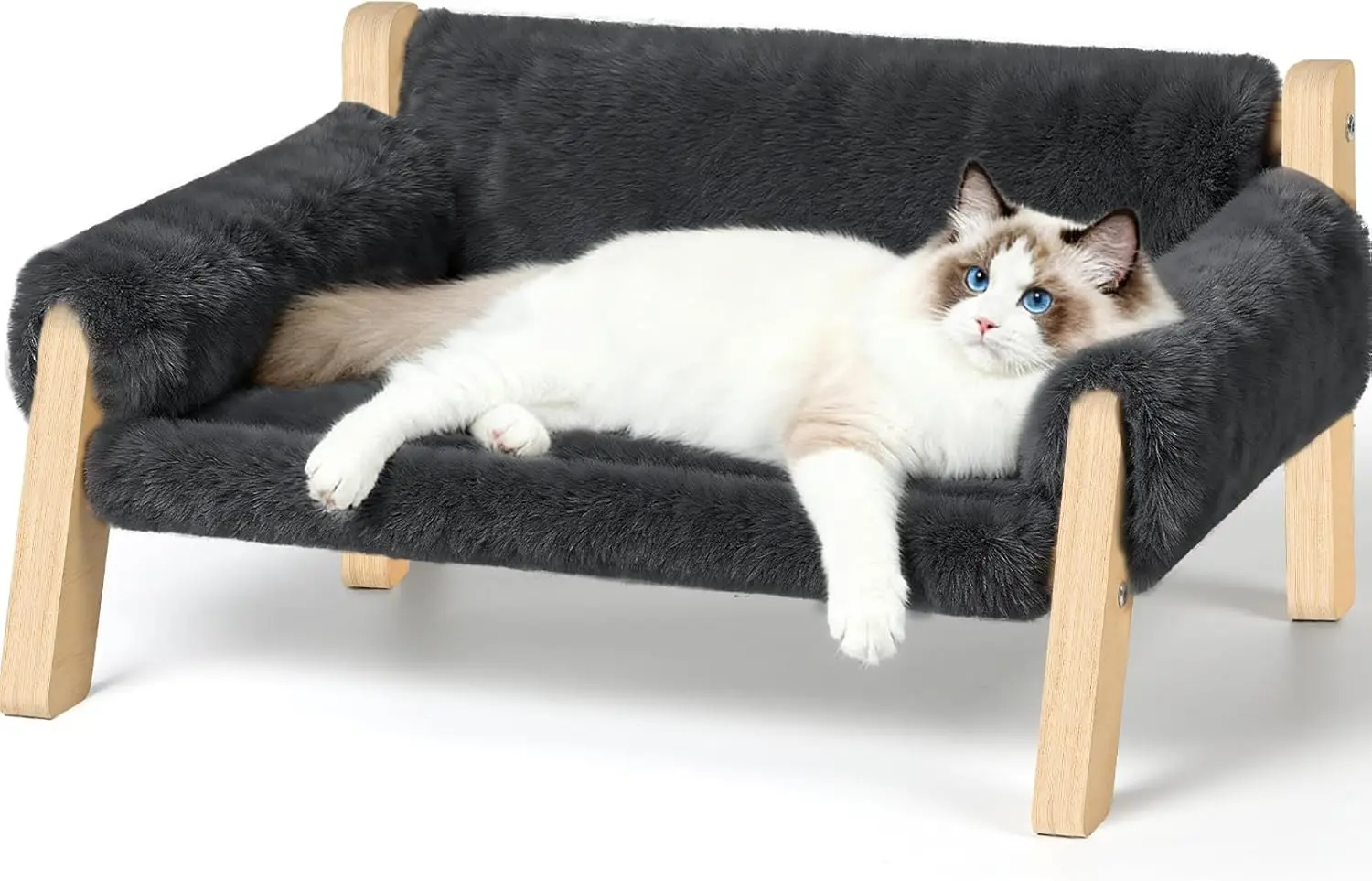 

Elevated Cat Couch Bed for Indoor Cats - Wooden Pet Sofa with Removable Washable Thick Cover Raised Kitty Lounge Chair