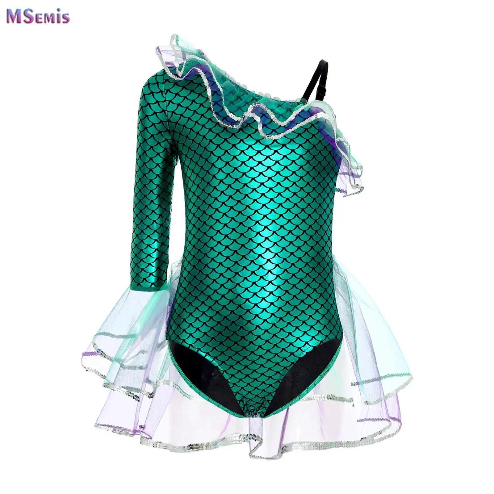 Children Girls Halloween Party Mermaid Cosplay Costume Shiny Fish Scale Print Mesh Gymnastics Ballet Dance Leotard Bodysuit Tutu