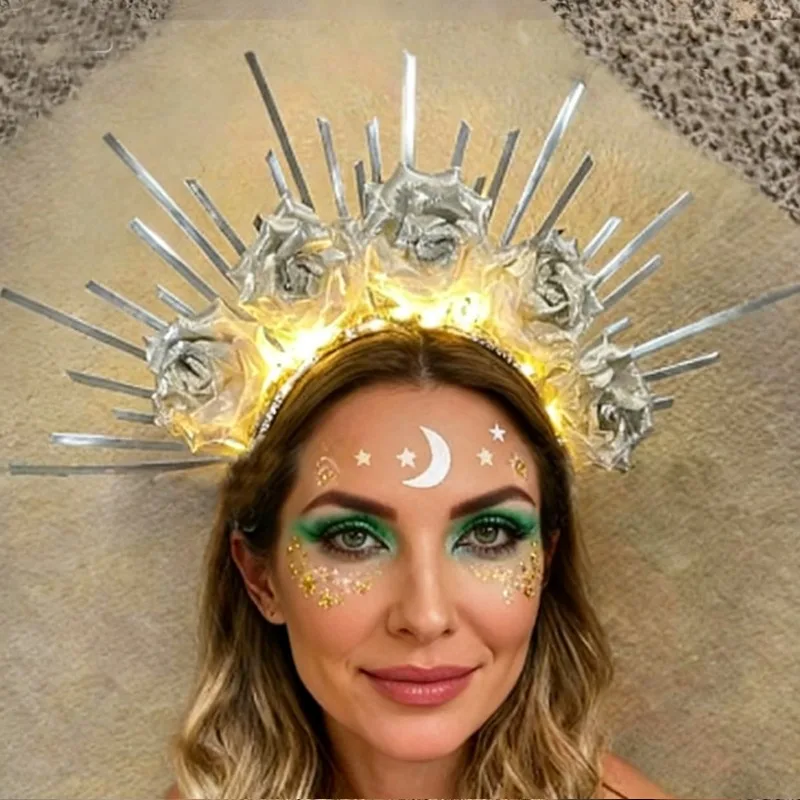 LED Goddess Headband - Light Up Metallic Rose Crown with Sunburst Design -Disco Festival Christmas Party Hair Accessory encender