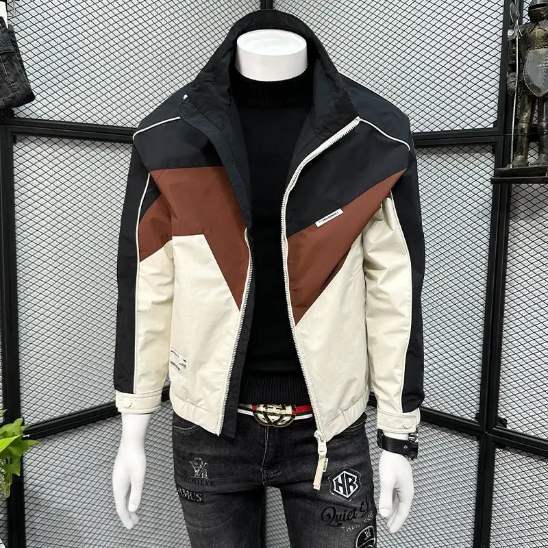 

Color matching stand-up collar jacket men's spring and autumn new casual zipper versatile trend slim contrasting coat