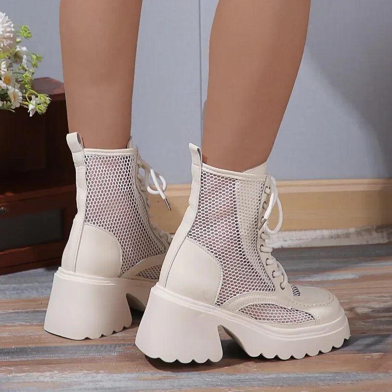 2024Summer New Fashion Thick High Heels Platform Cross-tied Sewing Cut Out Mesh Genuine Leather Women Ankle Short Modern Boots