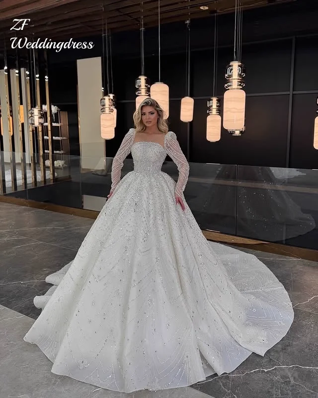 Customized grand and elegant court square collar wind beaded embroidery puffy skirt wedding dress Vestido De Noiva