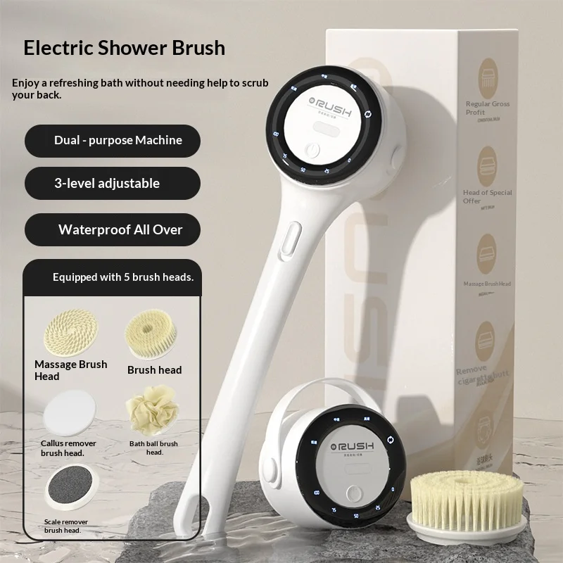 Electric Shower Brush Long Handle,360° Body Scrubber Waterproof,5 Replaceable Heads,Type-C Rechargeable,3 Speed Detachable Bath
