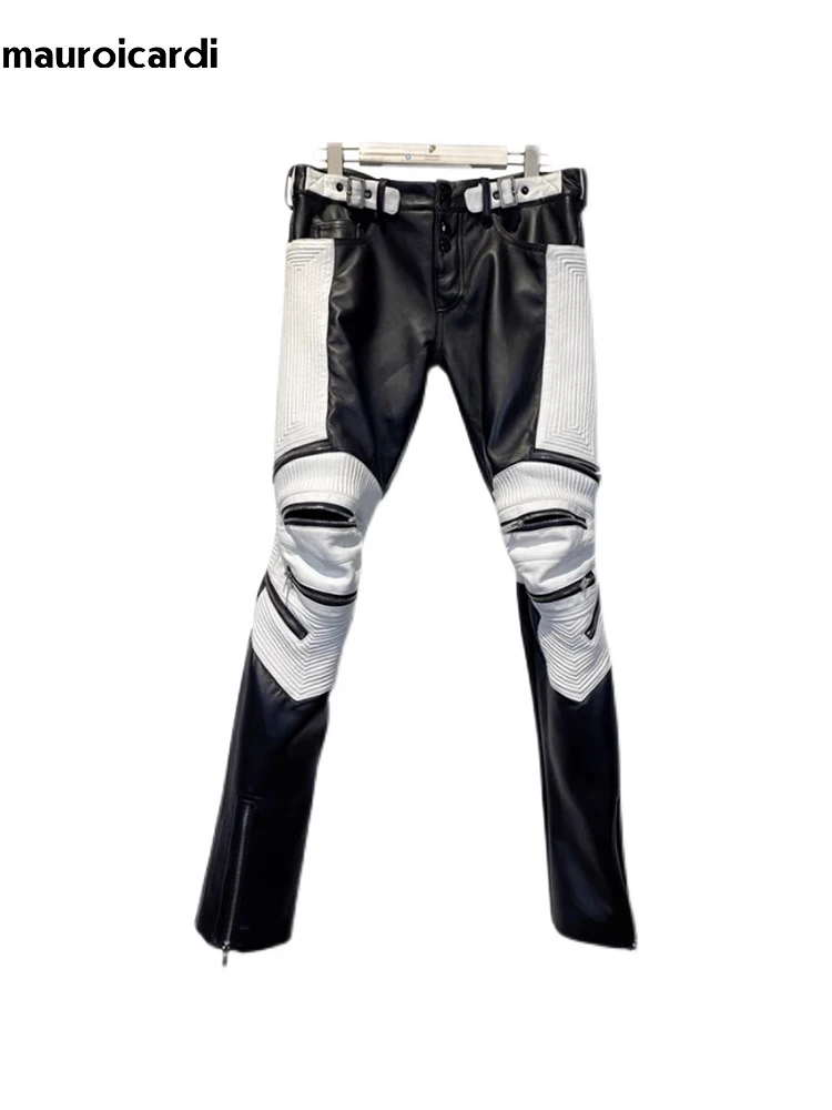 Mauroicardi Autumn Long Skinny Stretchy Whit and Black Patchwork Pu Leather Pants for Men Many Zippers Luxury Designer Clothes