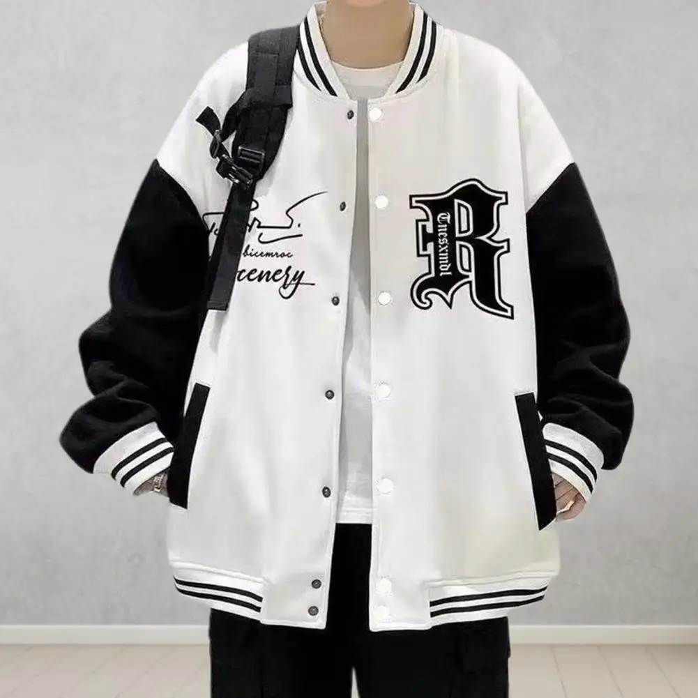 

Men Coat Street Style Jacket Men's High Street Style Baseball Coat with Letter Print Stand Collar Elastic Striped Cuff for Men