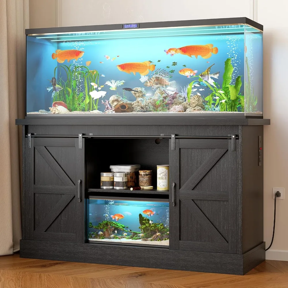 

55-75 Gallon Fish Tank Stand with Sliding Barn Doors & Power Outlet, Heavy Duty Aquarium Stand with Cabinet Storage for Fish Tan
