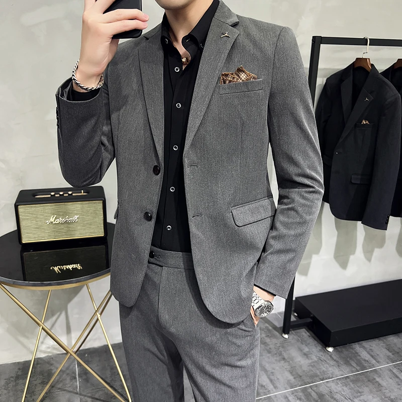 2024 Two-button Business Wedding Suit (suit + Trousers) S-7XL Korean Slim Fashion Handsome Solid Color Suit Two-piece Set