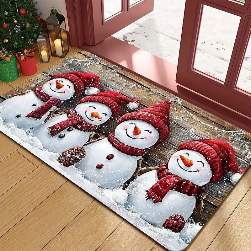 Rustic Wood Snowmen Doormat Winter Holiday Welcome Rug Pinecone Entryway Carpet Cloakroom Corridor Store Floor Decor Mat