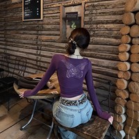 Slim Fit Long Sleeve U-Neck T-Shirt Women's Short Style Purple Design Butterfly Hollow out Top for Autumn Fashionable Base Shirt
