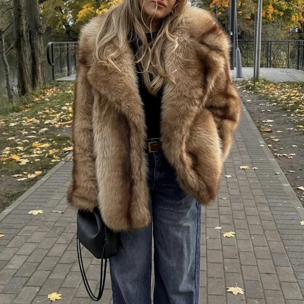 Print Faux Fur Jacket Women Exclusive Striped Fake Fur Coat Outerwear Women's Fur Coat Outerwear Fluffy Fur Female Winter Loose