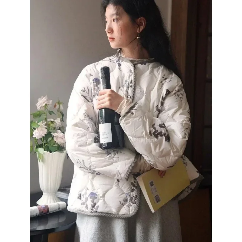 Vintage Floral Quilted Jacket Women's O Neck Single Breasted Diamond Plaid Loose Warm Outwear Fashion Long Sleeve Coat Top
