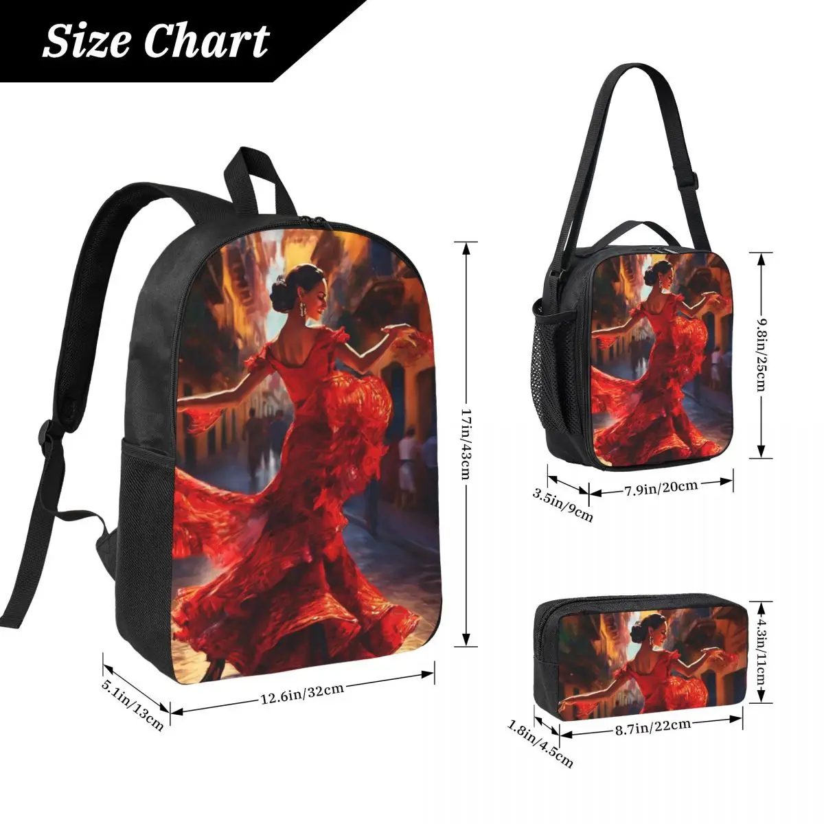 Vibrant Flamenco Dancer Backpack Boys Girls BookBag School Bag Laptop Shoulder Bags 3ps Insulated Lunch Bag Pencil Case